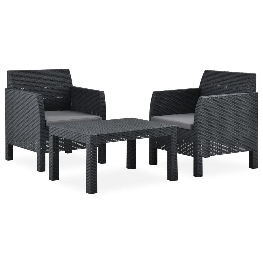 3 Pcs conjunto lounge jardim com almofadões vime PP antracite