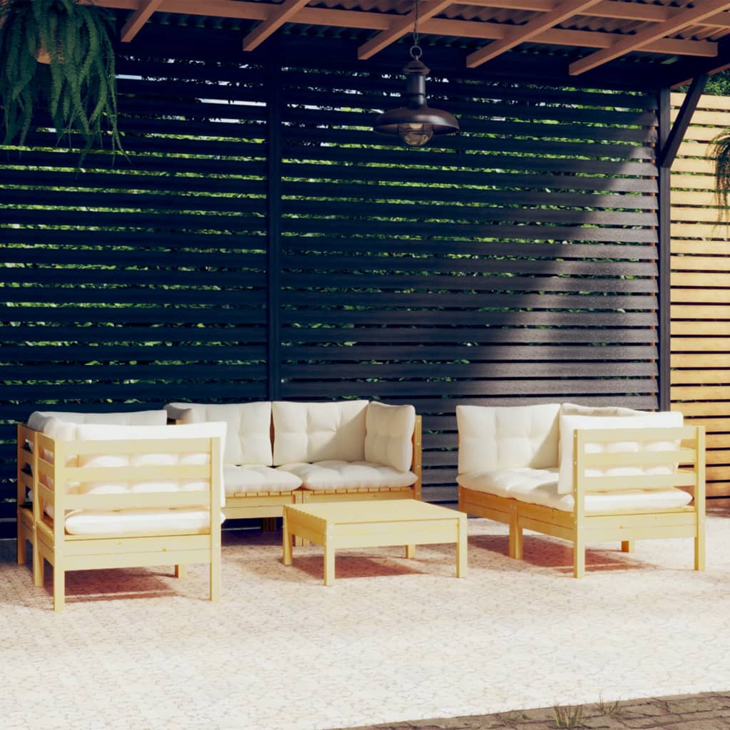 7 Pcs conjunto lounge jardim c/ almofadões creme pinho maciço