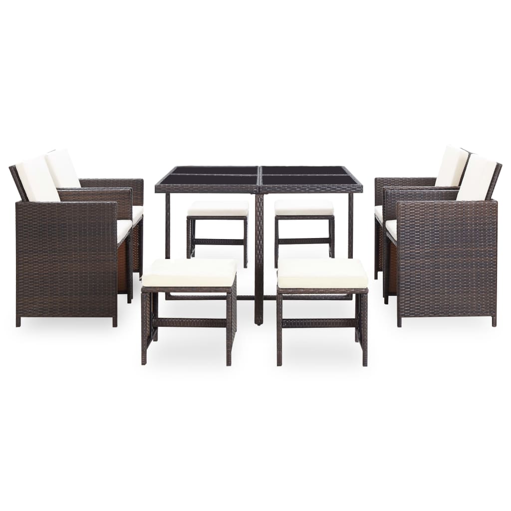 9 Pcs conjunto jantar exterior c/ almofadões vime PE castanho