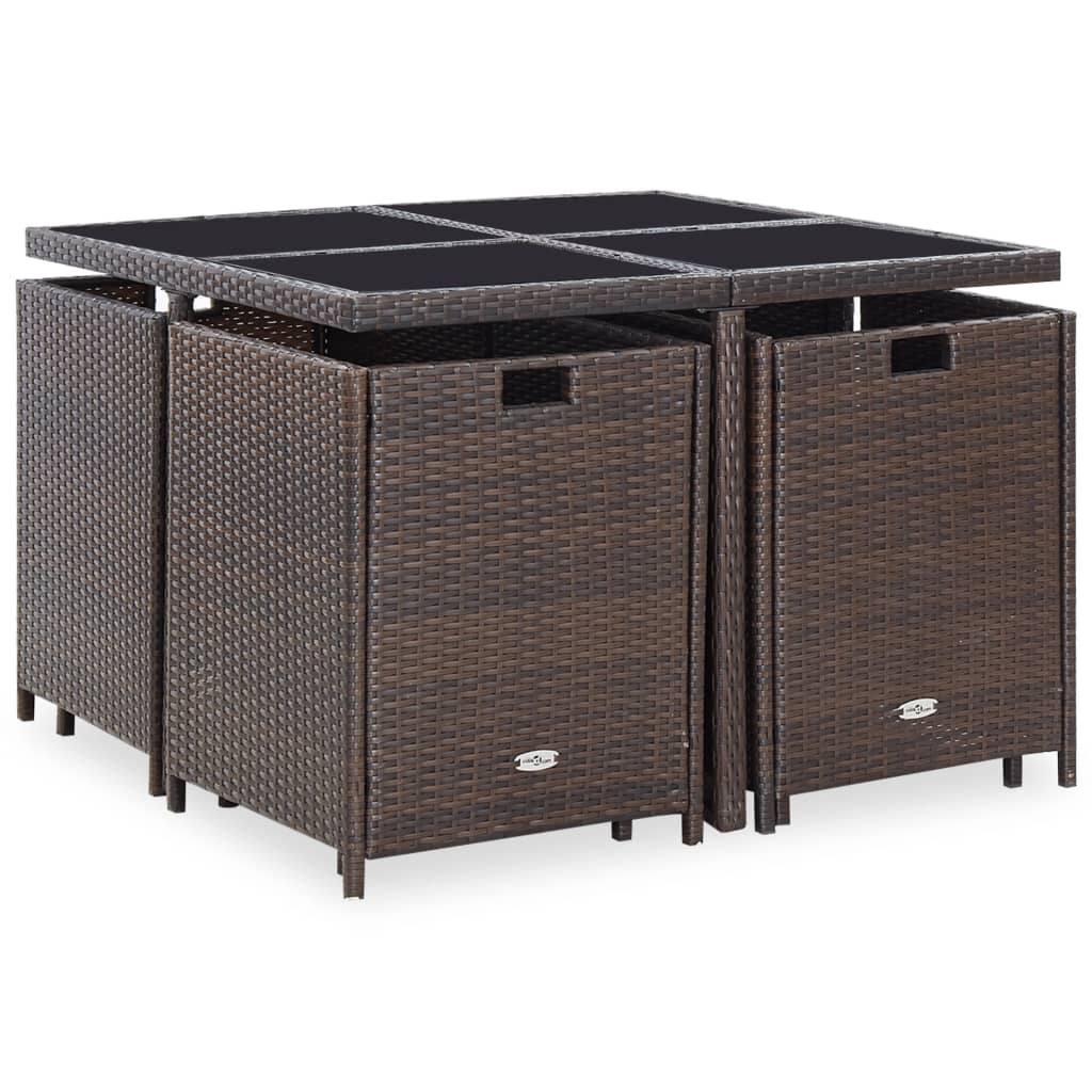 9 Pcs conjunto jantar exterior c/ almofadões vime PE castanho