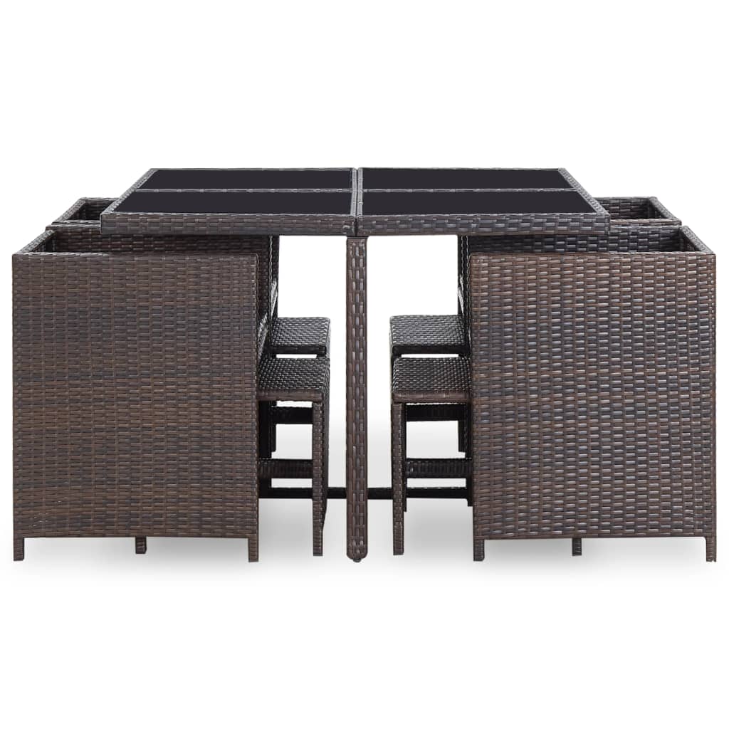 9 Pcs conjunto jantar exterior c/ almofadões vime PE castanho