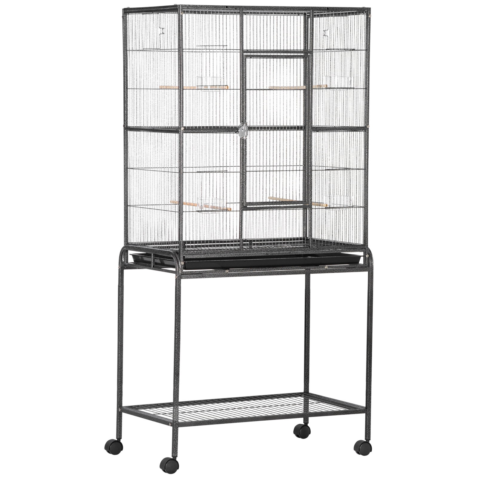 Gaiola para Pássaros com Rodas 81x48x162,5 cm com Bandeja 4 Poleiros 4 Comedouros e Prateleira Preto e Cinza