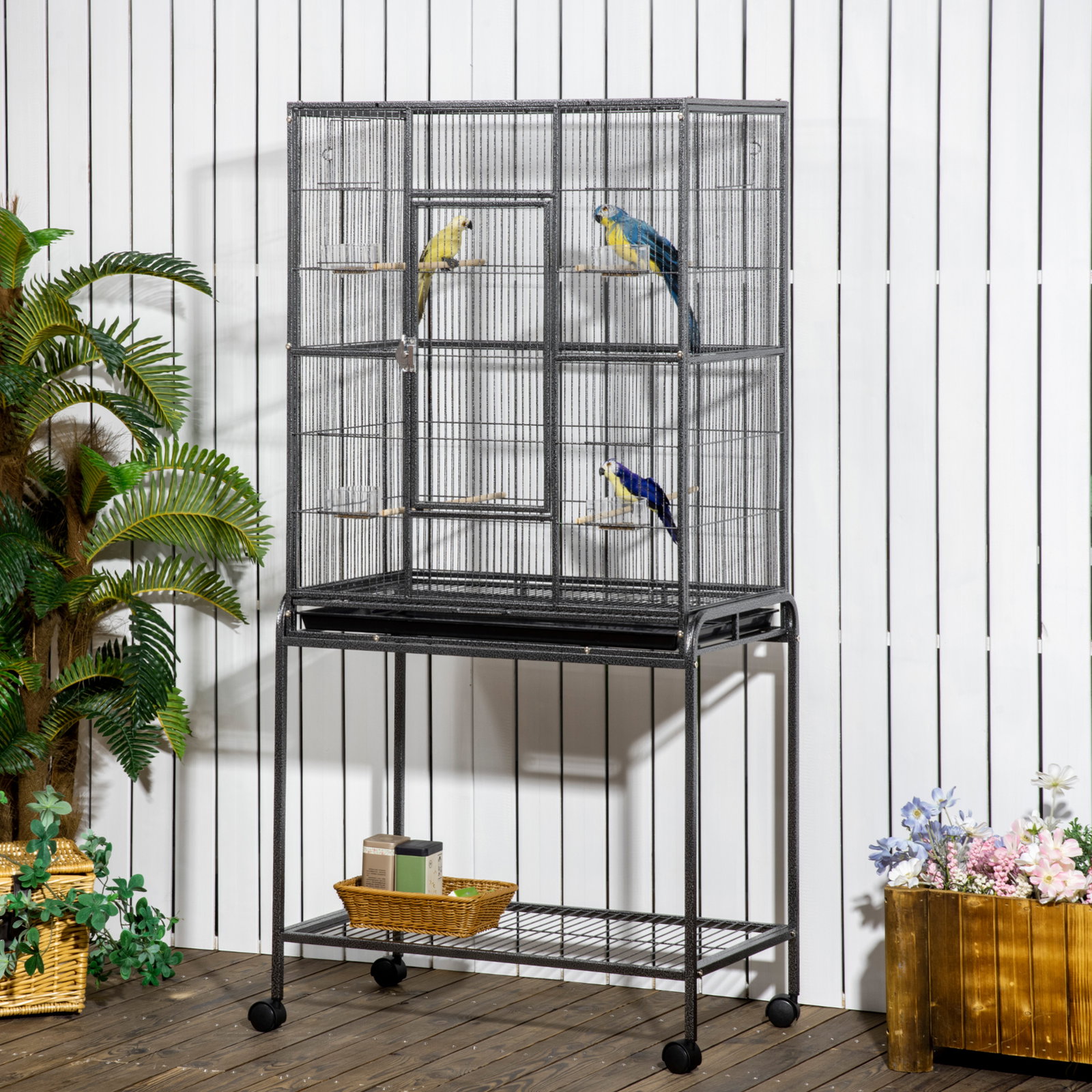 Gaiola para Pássaros com Rodas 81x48x162,5 cm com Bandeja 4 Poleiros 4 Comedouros e Prateleira Preto e Cinza