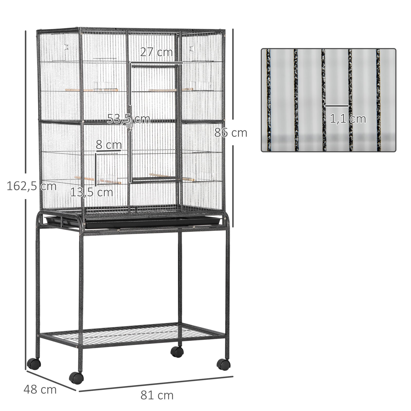 Gaiola para Pássaros com Rodas 81x48x162,5 cm com Bandeja 4 Poleiros 4 Comedouros e Prateleira Preto e Cinza