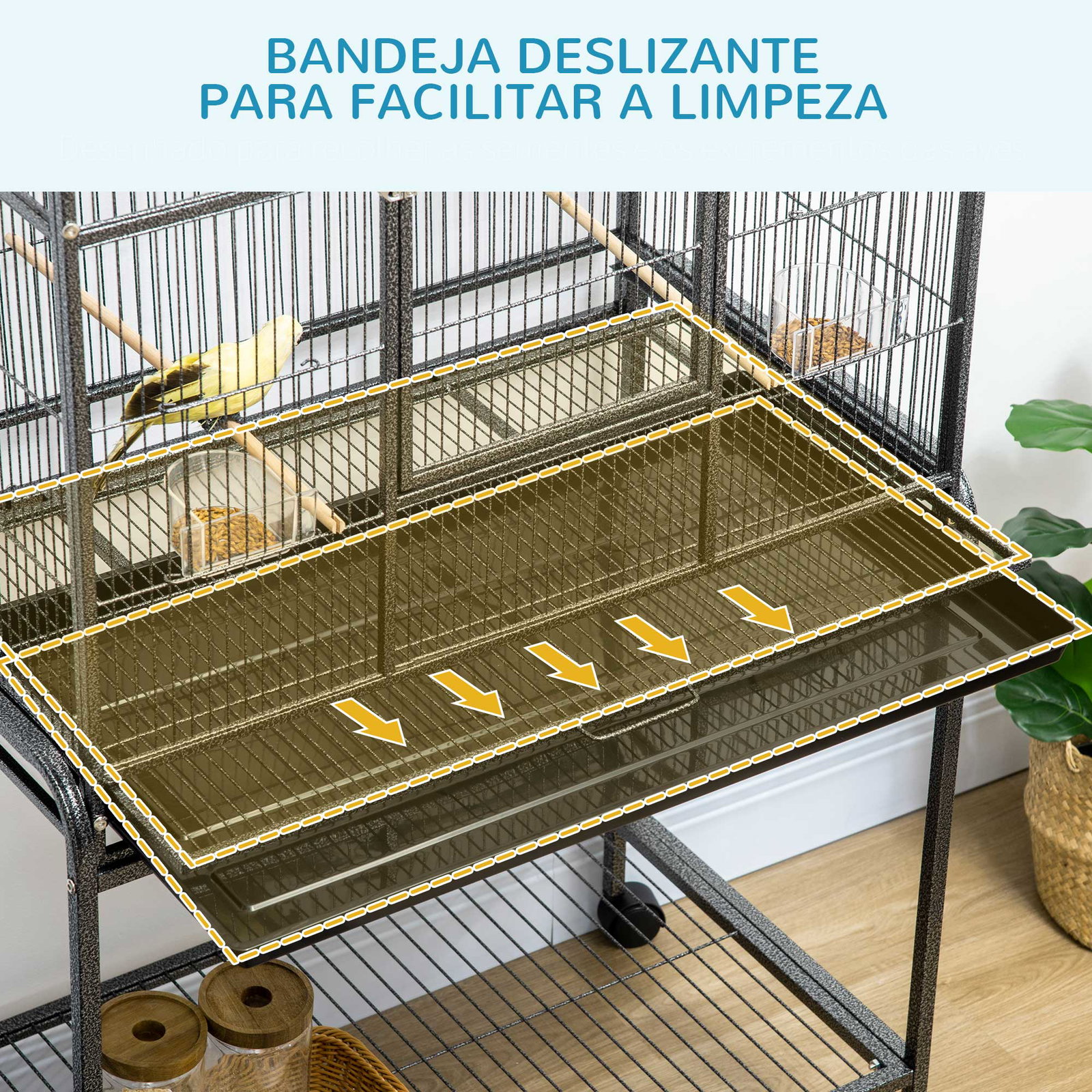 Gaiola para Pássaros com Rodas 81x48x162,5 cm com Bandeja 4 Poleiros 4 Comedouros e Prateleira Preto e Cinza