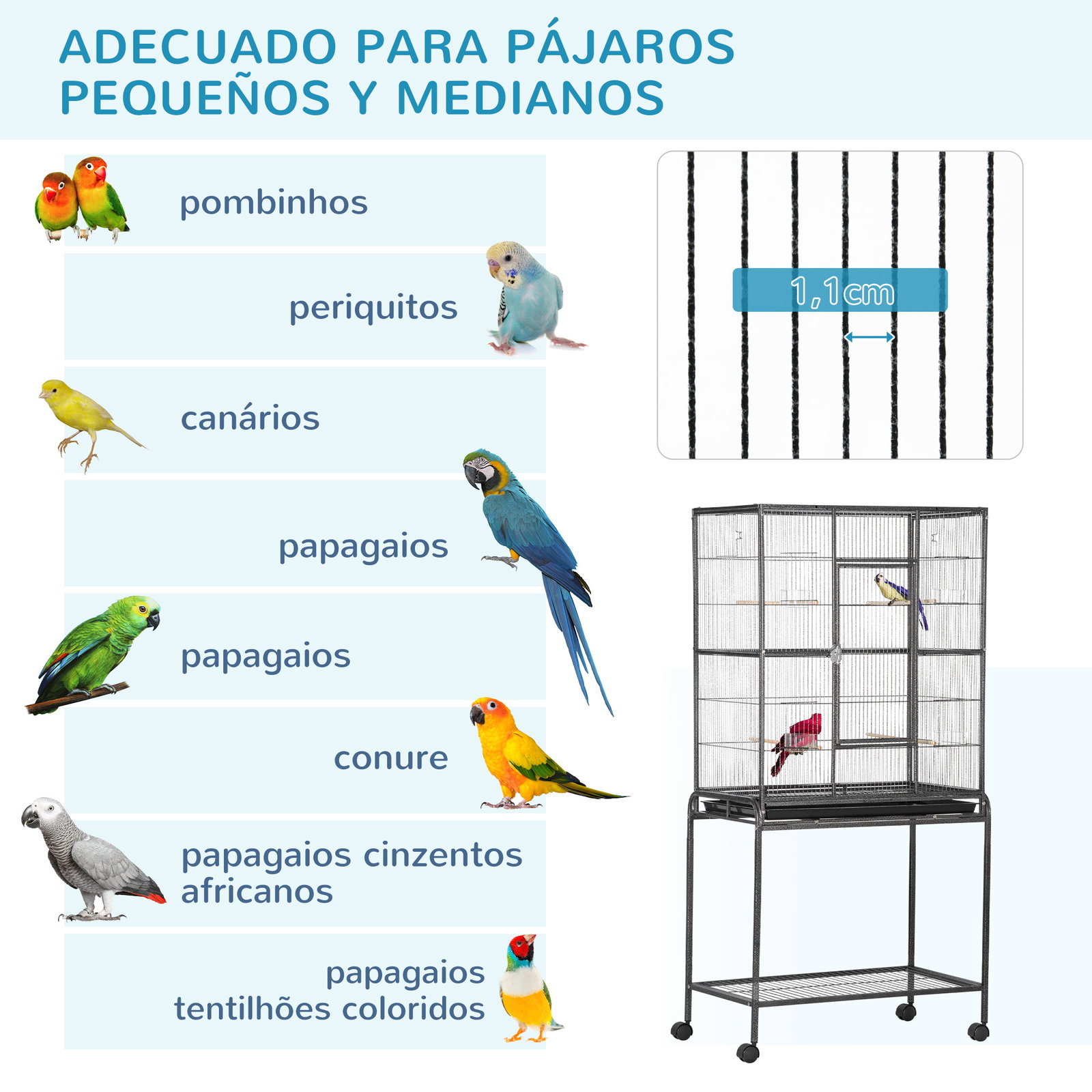 Gaiola para Pássaros com Rodas 81x48x162,5 cm com Bandeja 4 Poleiros 4 Comedouros e Prateleira Preto e Cinza