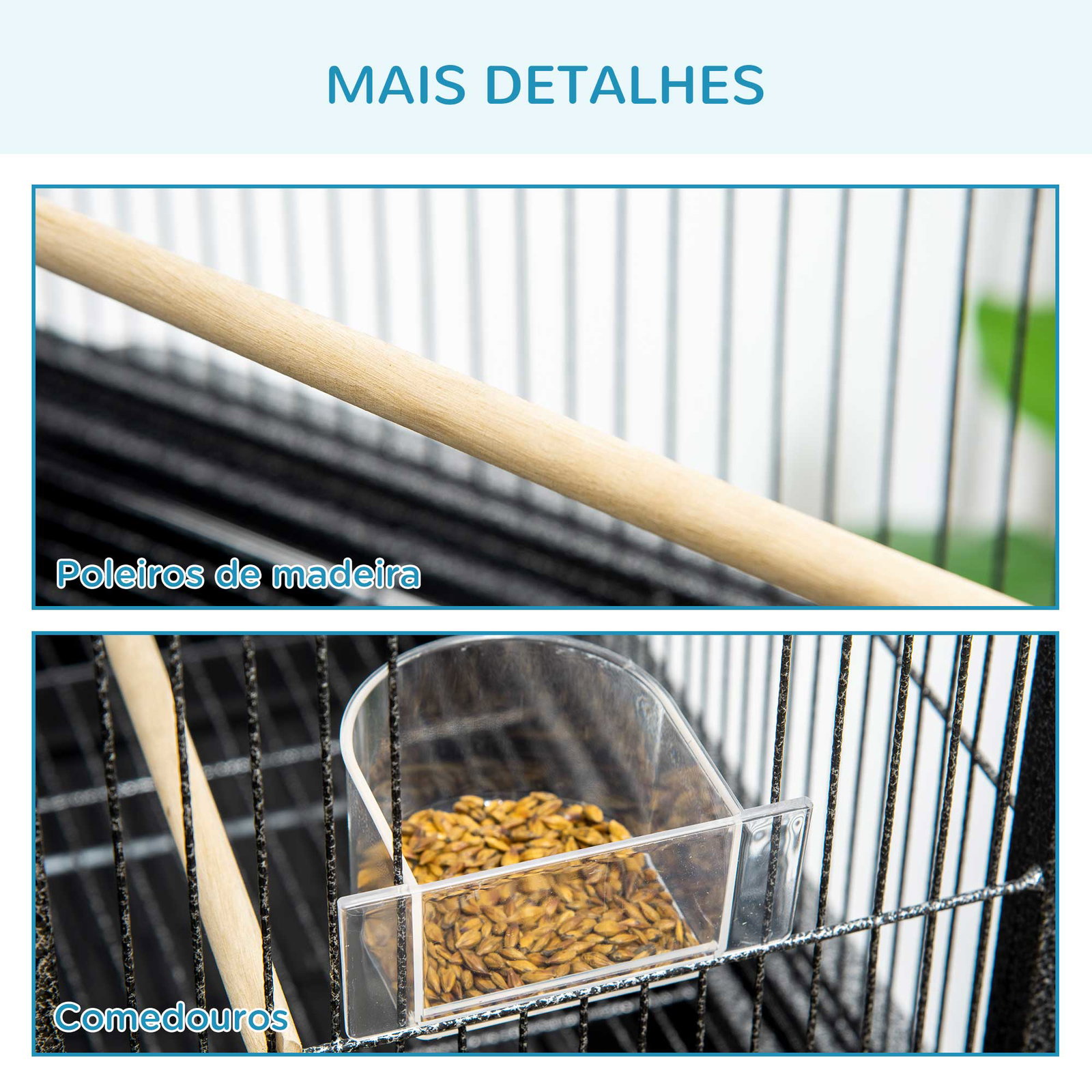 Gaiola para Pássaros com Rodas 81x48x162,5 cm com Bandeja 4 Poleiros 4 Comedouros e Prateleira Preto e Cinza