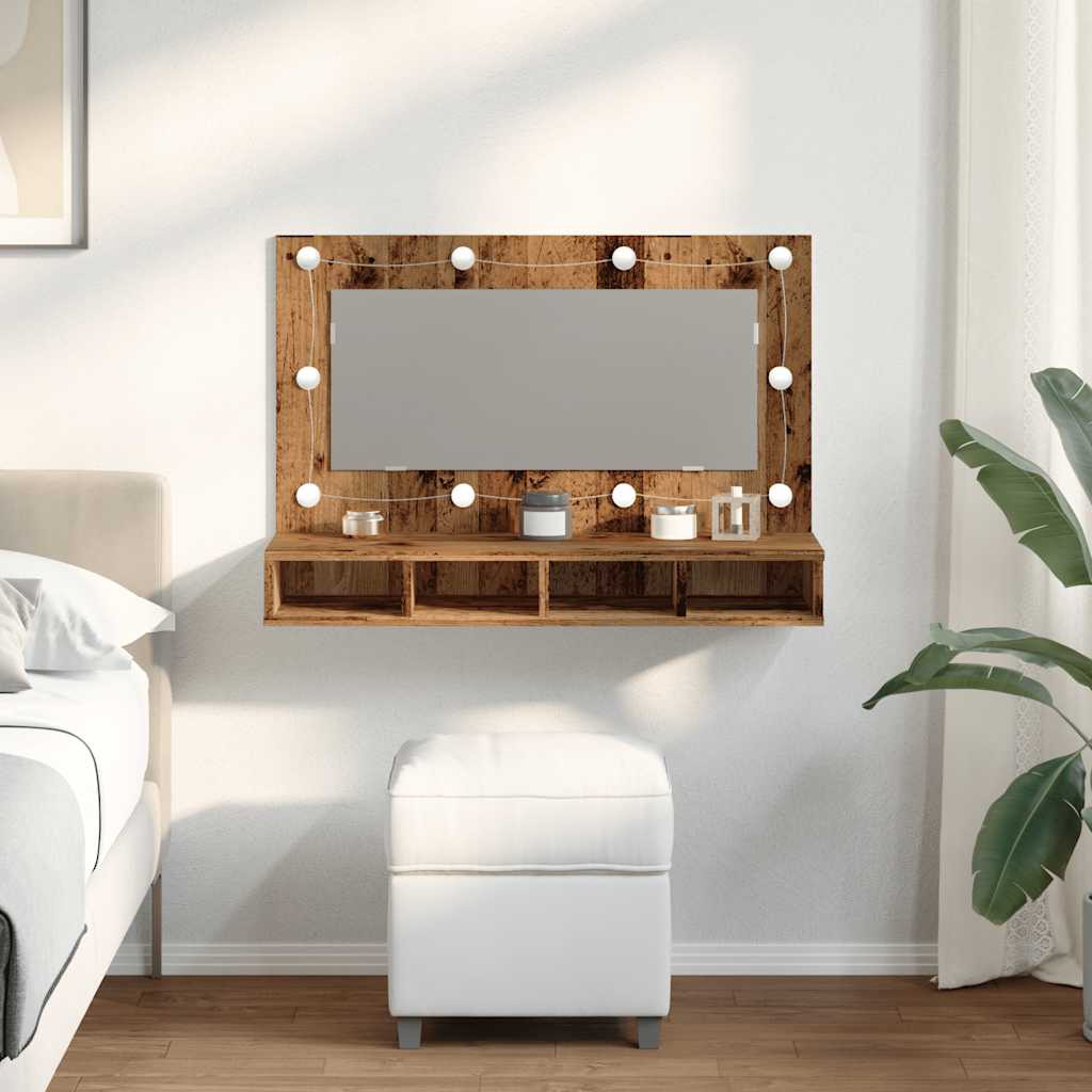 Armário espelhado com luzes LED 90x31,5x62 cm madeira velha