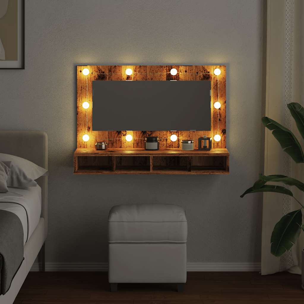 Armário espelhado com luzes LED 90x31,5x62 cm madeira velha