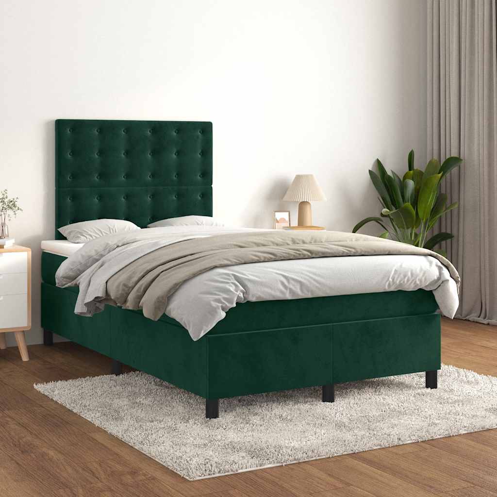 Cama boxspring com colchão 120x200 cm veludo verde-escuro