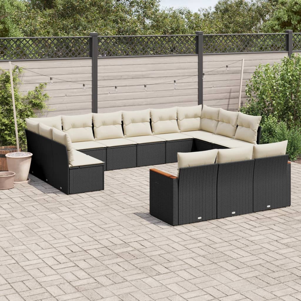 13 Pcs conjunto de sofás de jardim com almofadões vime PE preto