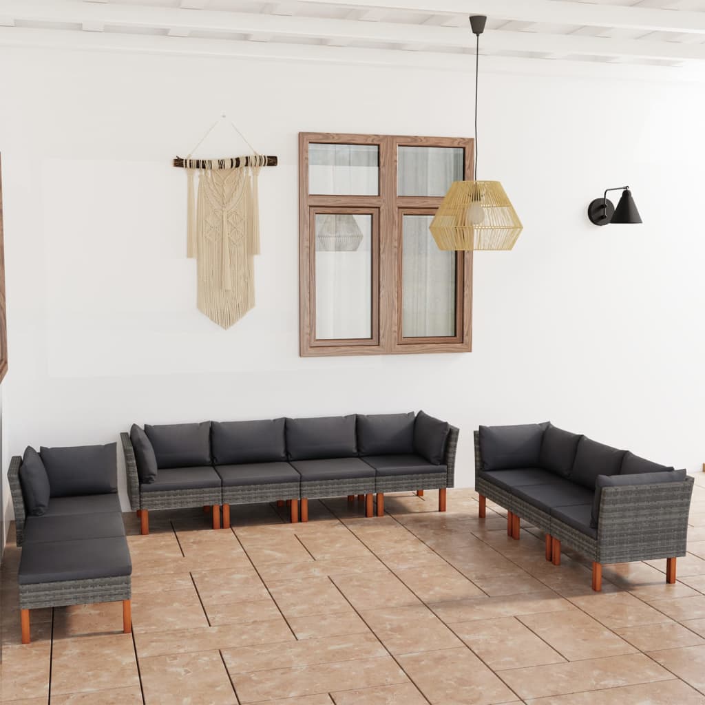 10 Pcs conjunto lounge de jardim c/ almofadões vime PE cinzento