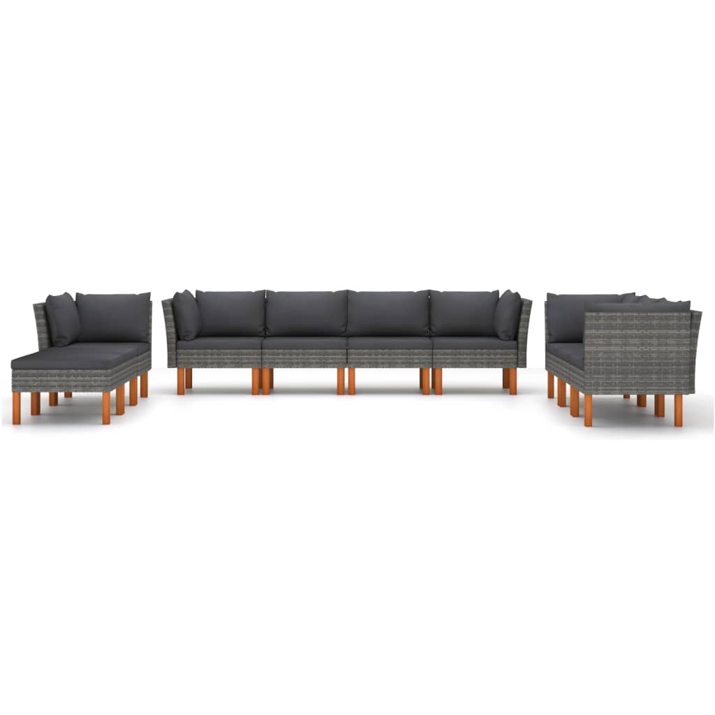 10 Pcs conjunto lounge de jardim c/ almofadões vime PE cinzento