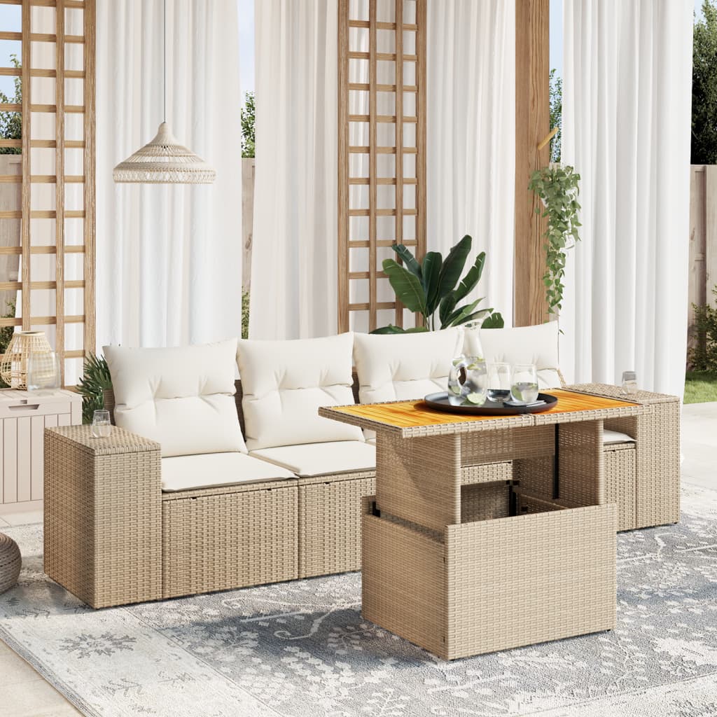5 Pcs conjunto de sofás p/ jardim com almofadões vime PE bege