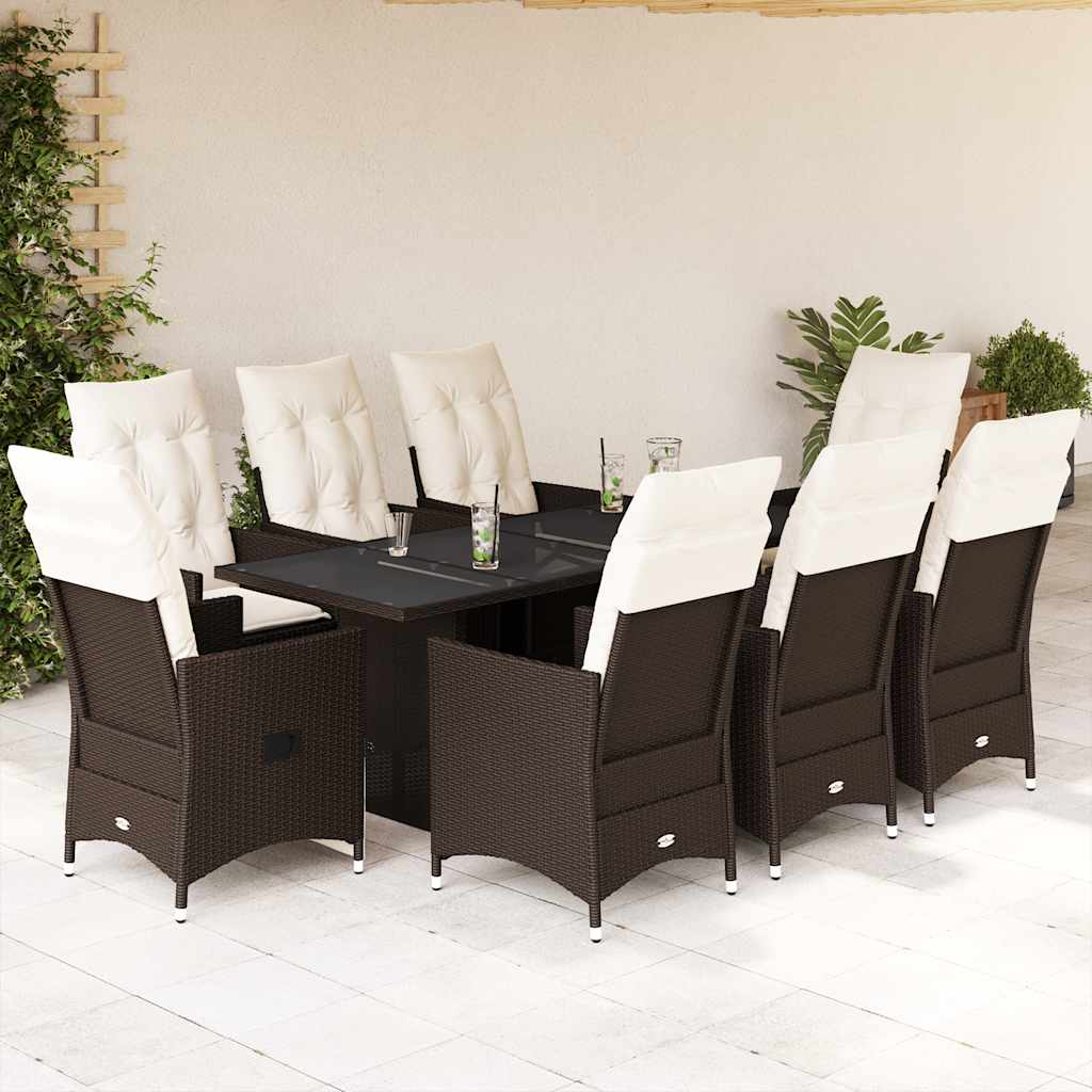 9 Pcs conjunto jantar p/ jardim c/ almofadões vime PE castanho