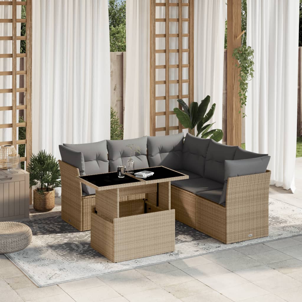 6 Pcs conjunto de sofás p/ jardim com almofadões vime PE bege