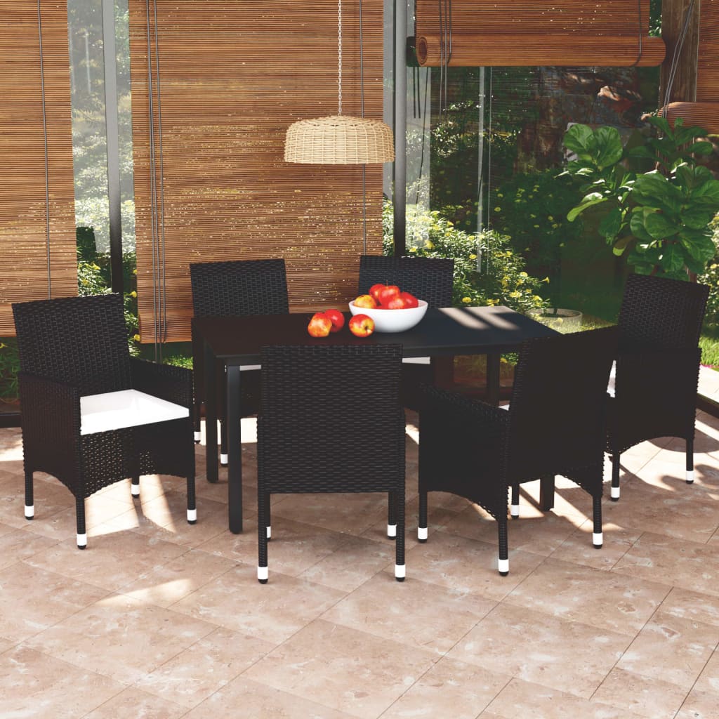 7 Pcs conjunto de jantar p/ jardim c/ almofadões vime PE preto