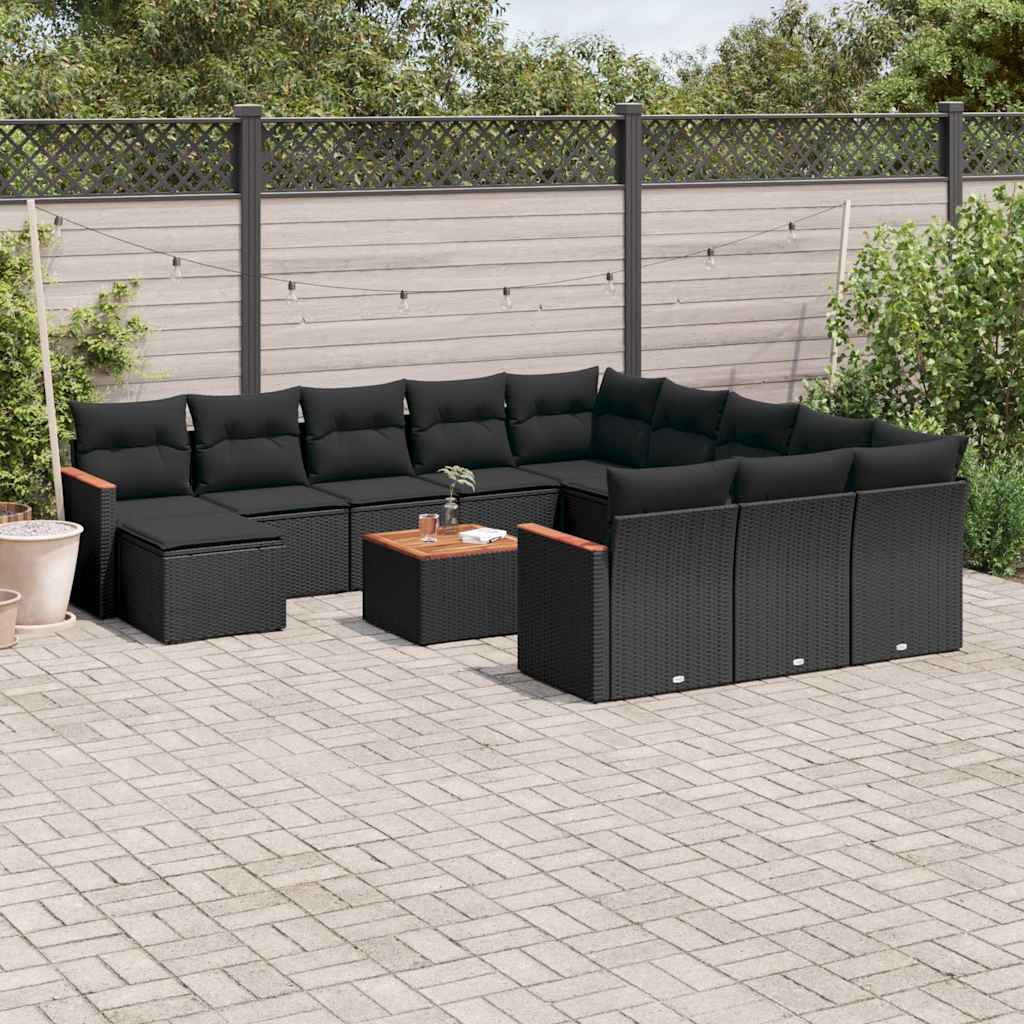 13 Pcs conjunto de sofás de jardim com almofadões vime PE preto