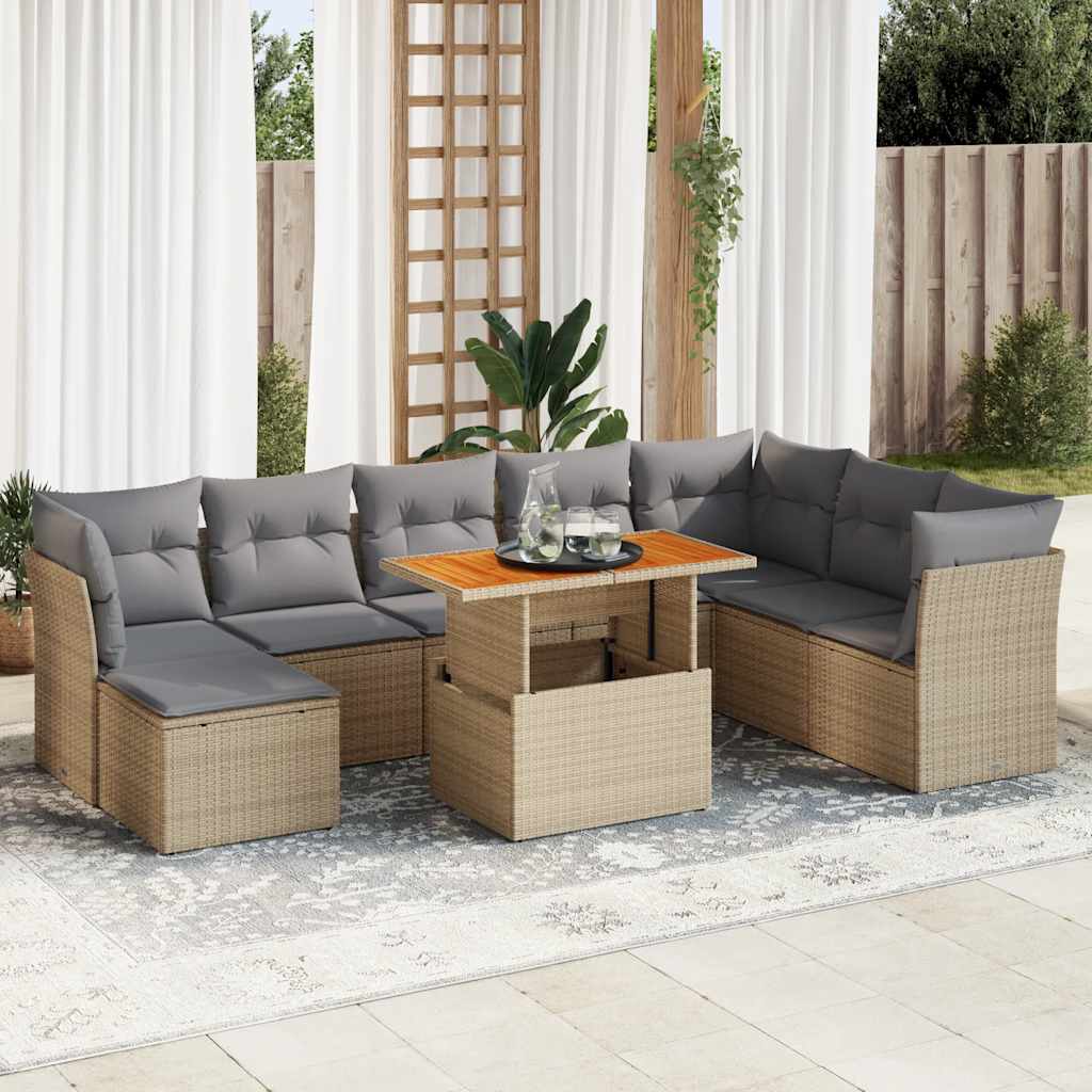 9 Pcs conjunto de sofás p/ jardim com almofadões vime PE bege