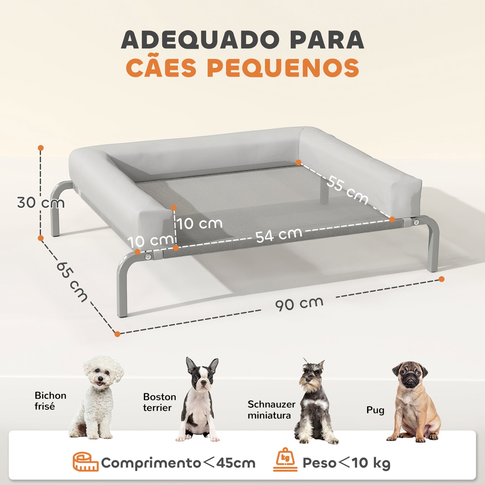 Cama elevada para cães com latertais amovíveis cama elevada para cães pequenos portátil com malha respirável 90x65x30 cm cinza