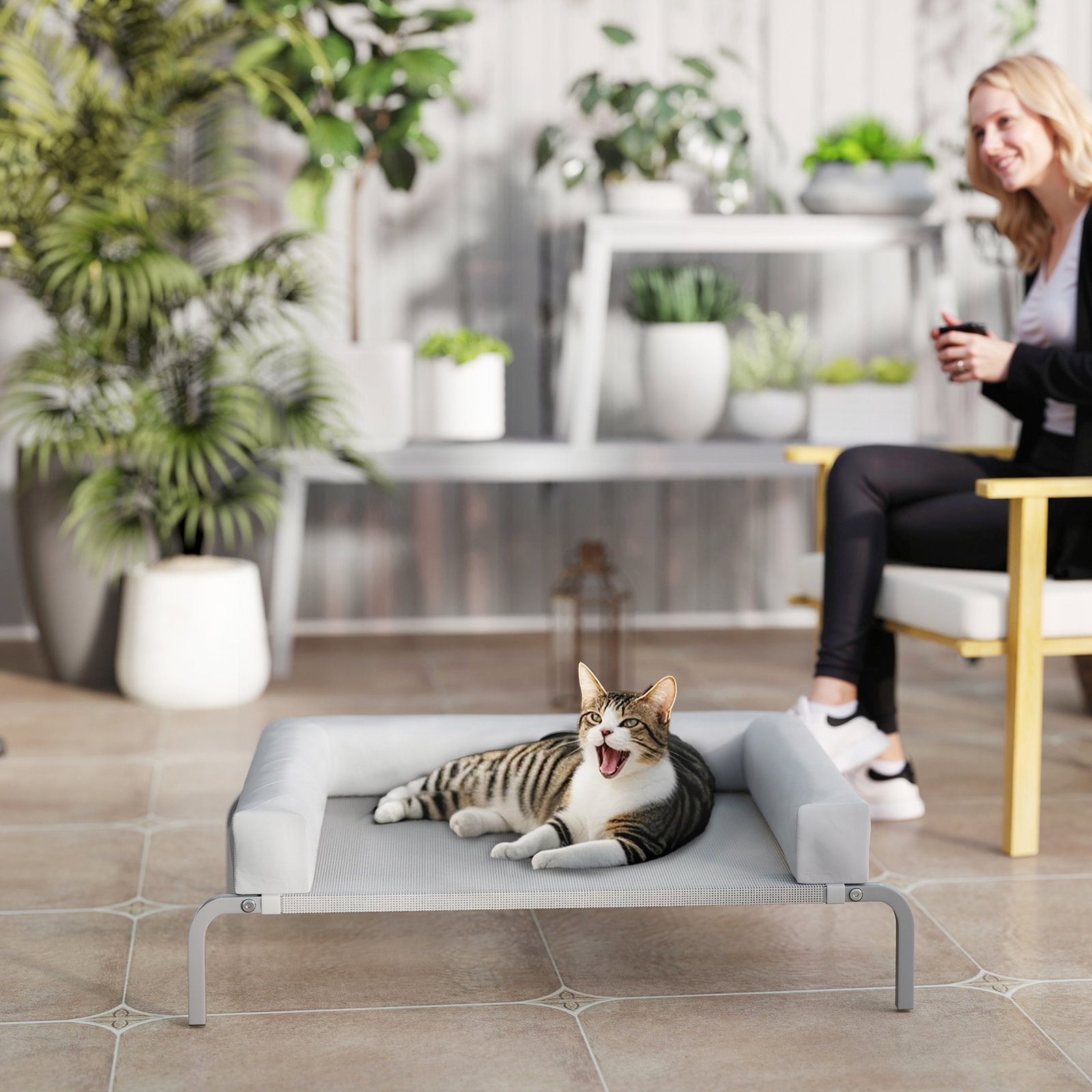 Cama elevada para cães com latertais amovíveis cama elevada para cães pequenos portátil com malha respirável 90x65x30 cm cinza