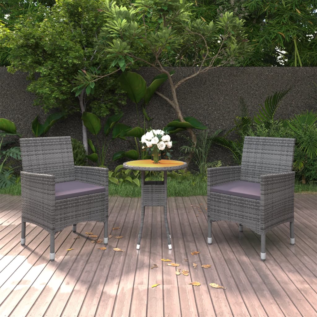 3 Pcs conjunto de jantar para jardim vime PE cinzento