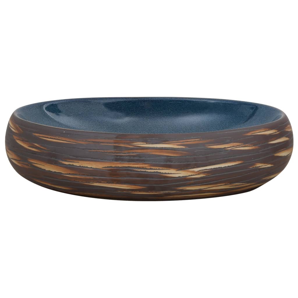 Lavatório de bancada oval 59x40x15 cm cerâmica castanho e azul