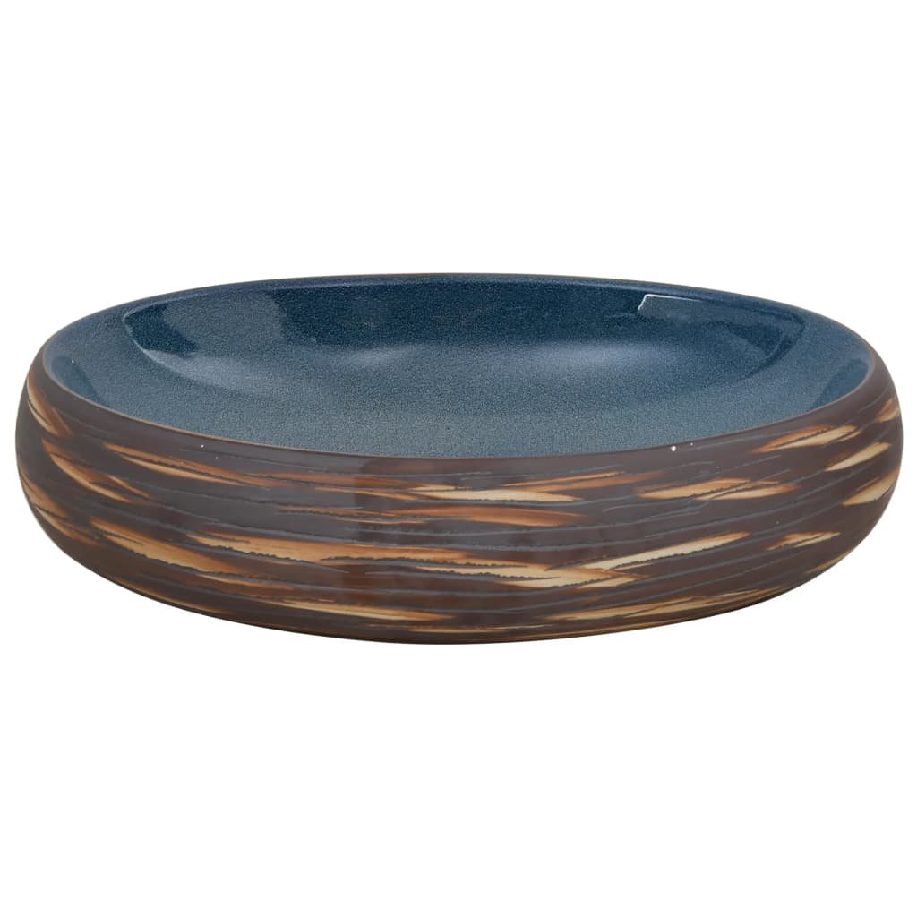 Lavatório de bancada oval 59x40x15 cm cerâmica castanho e azul