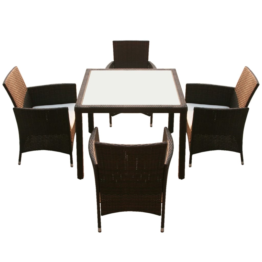 5Pcs conjunto de jantar exterior c/ almofadões vime PE castanho