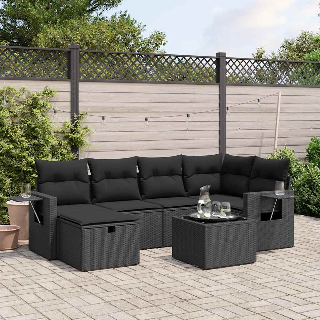 7 Pcs conjunto de sofás p/ jardim c/ almofadões vime PE preto