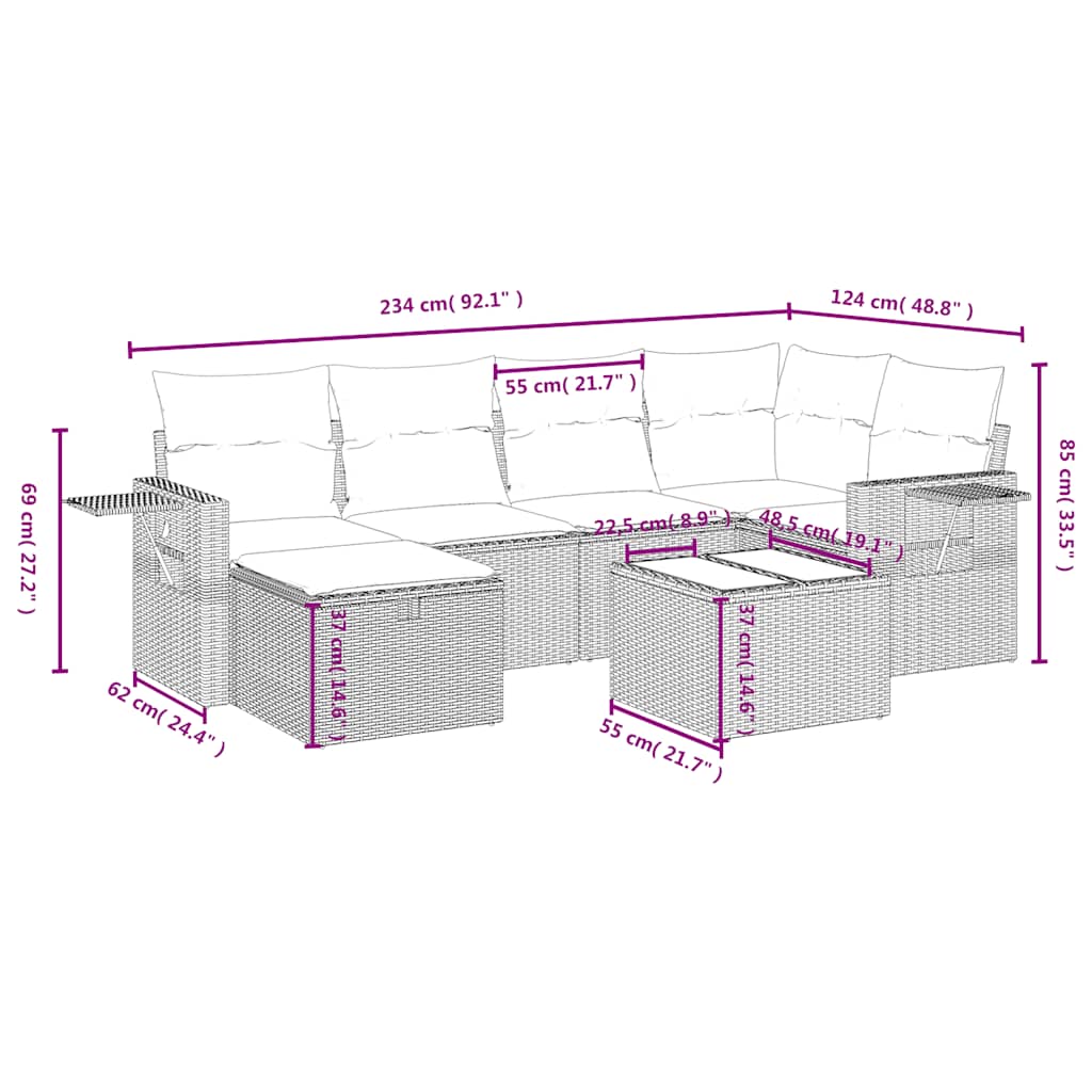 7 Pcs conjunto de sofás p/ jardim c/ almofadões vime PE preto