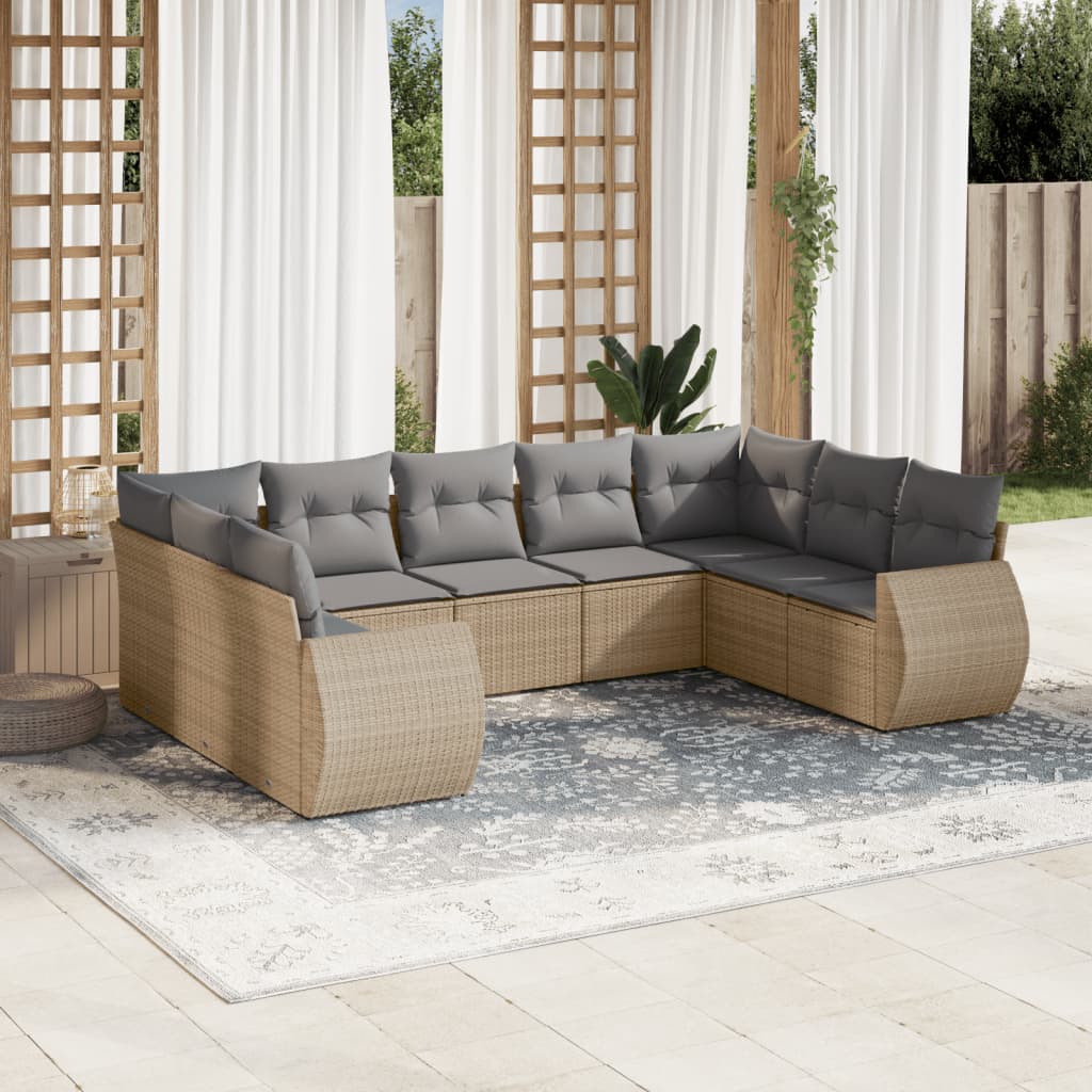 9 Pcs conjunto de sofás p/ jardim com almofadões vime PE bege