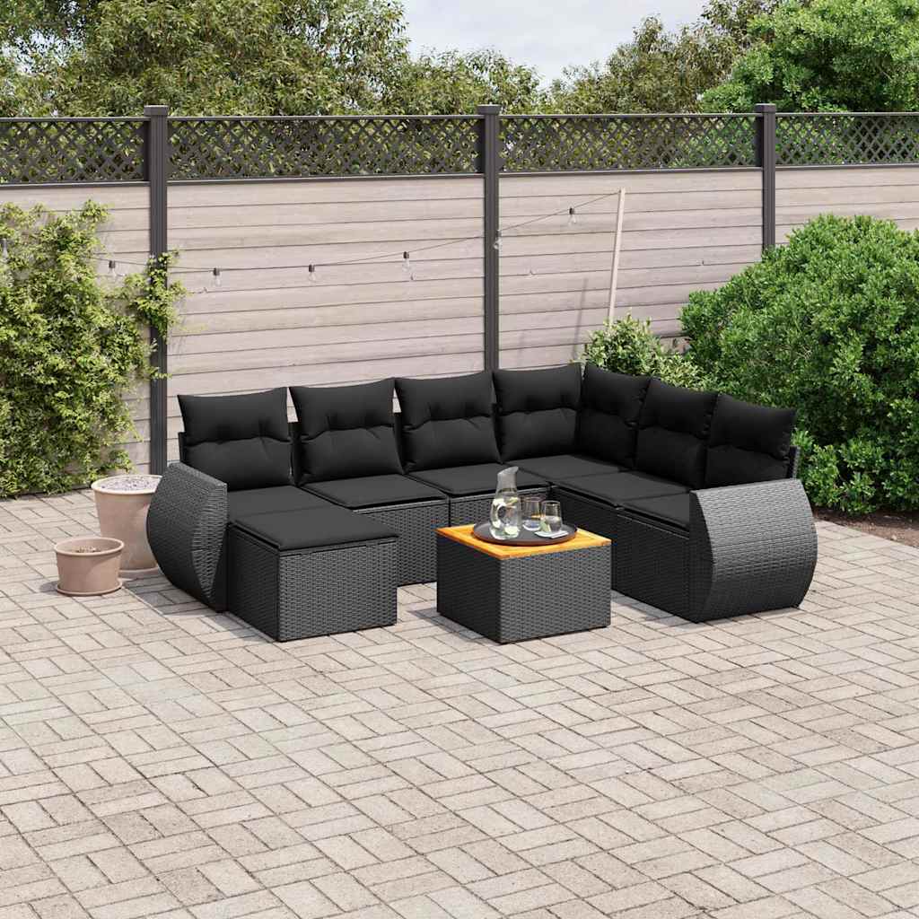8 Pcs conjunto sofás de jardim com almofadões vime PE preto