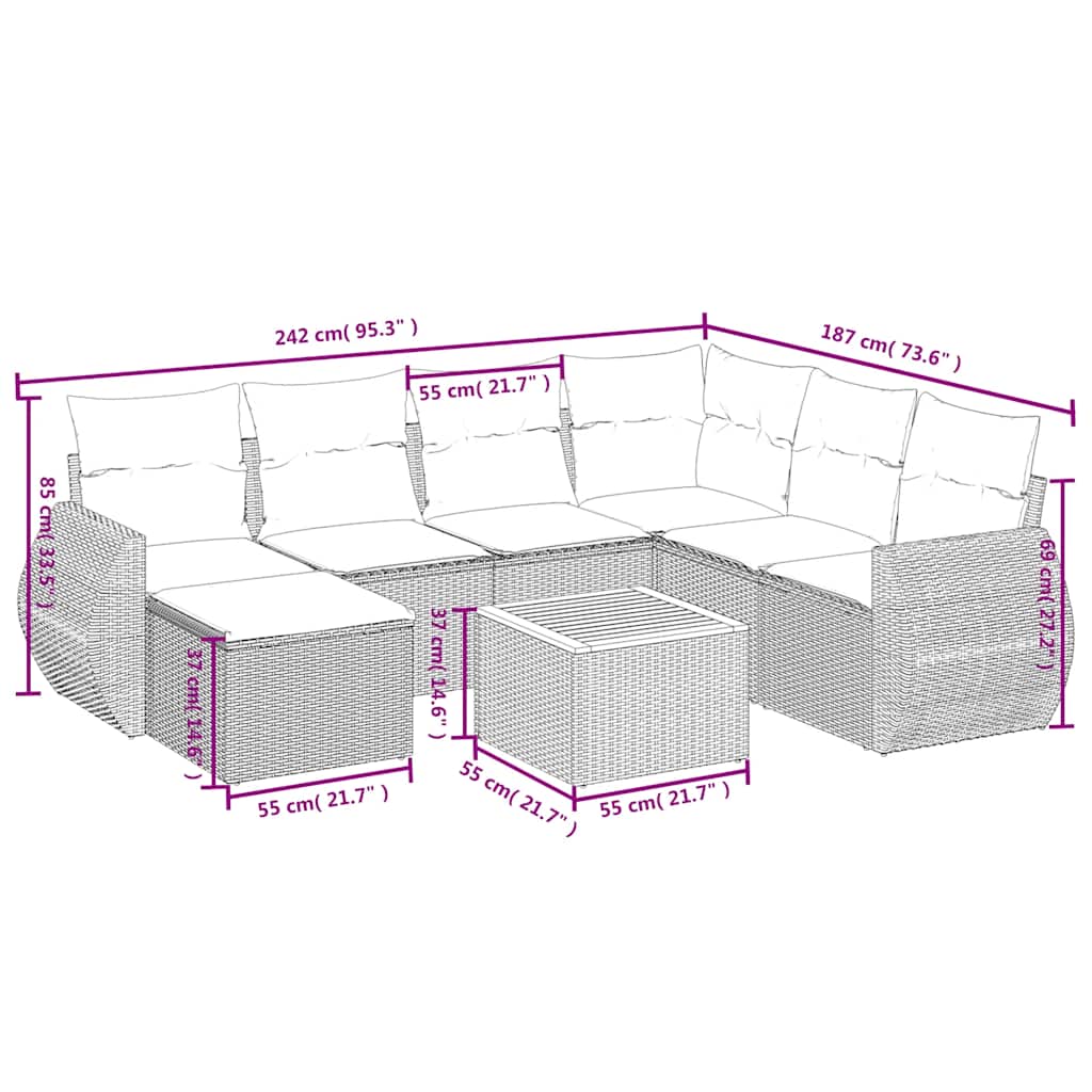 8 Pcs conjunto sofás de jardim com almofadões vime PE preto