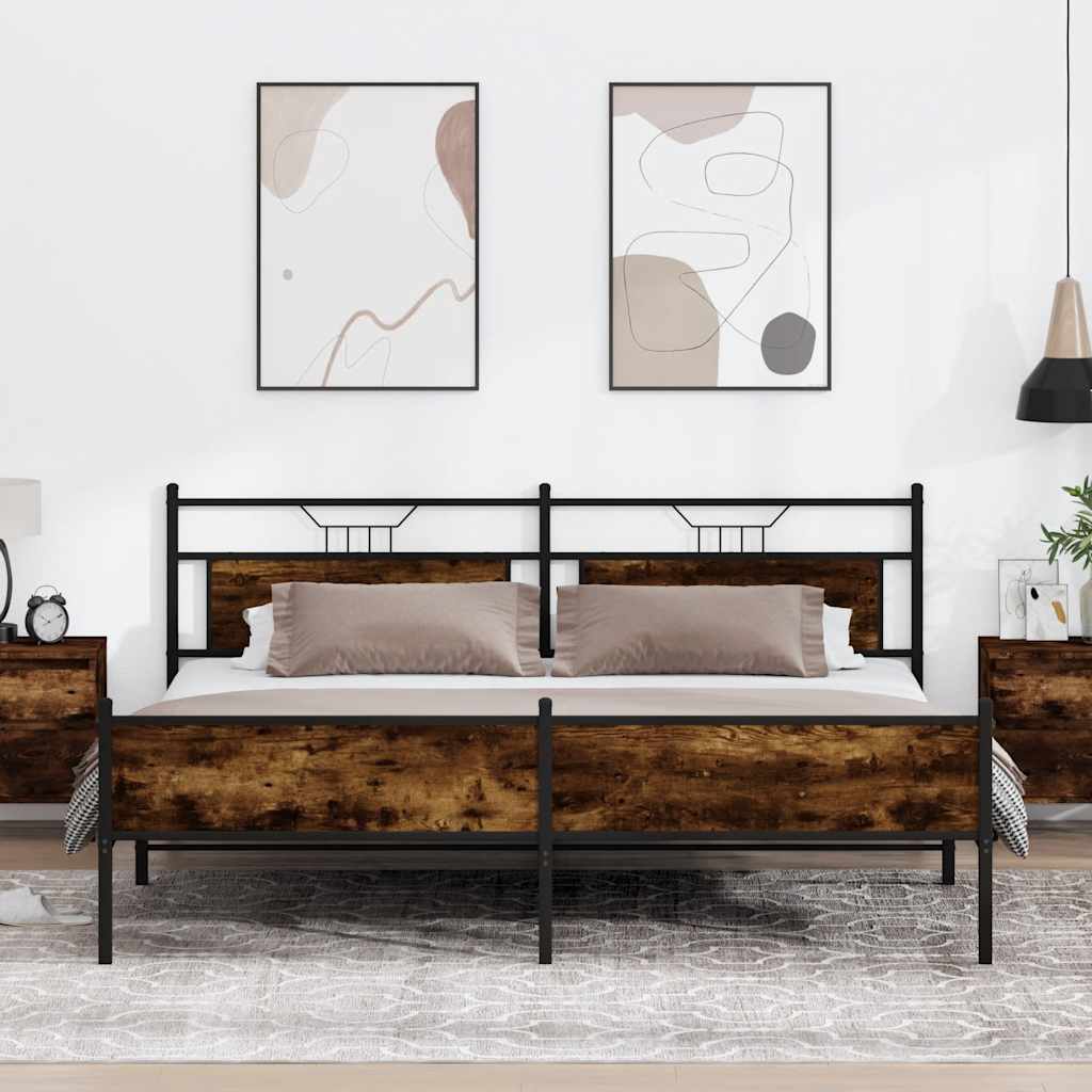 Estrutura de cama sem colchão 200x200cm metal carvalho fumado