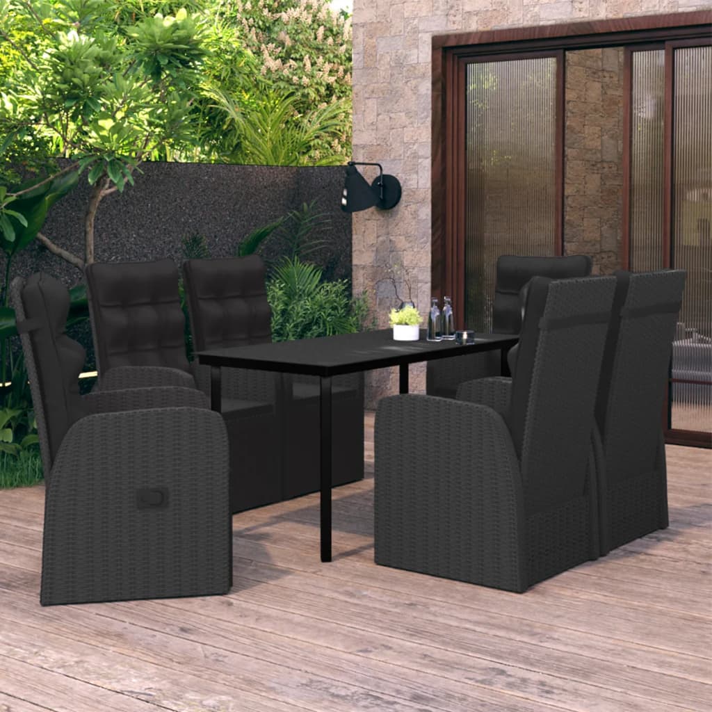 7 Pcs conjunto de jantar para jardim com almofadões preto