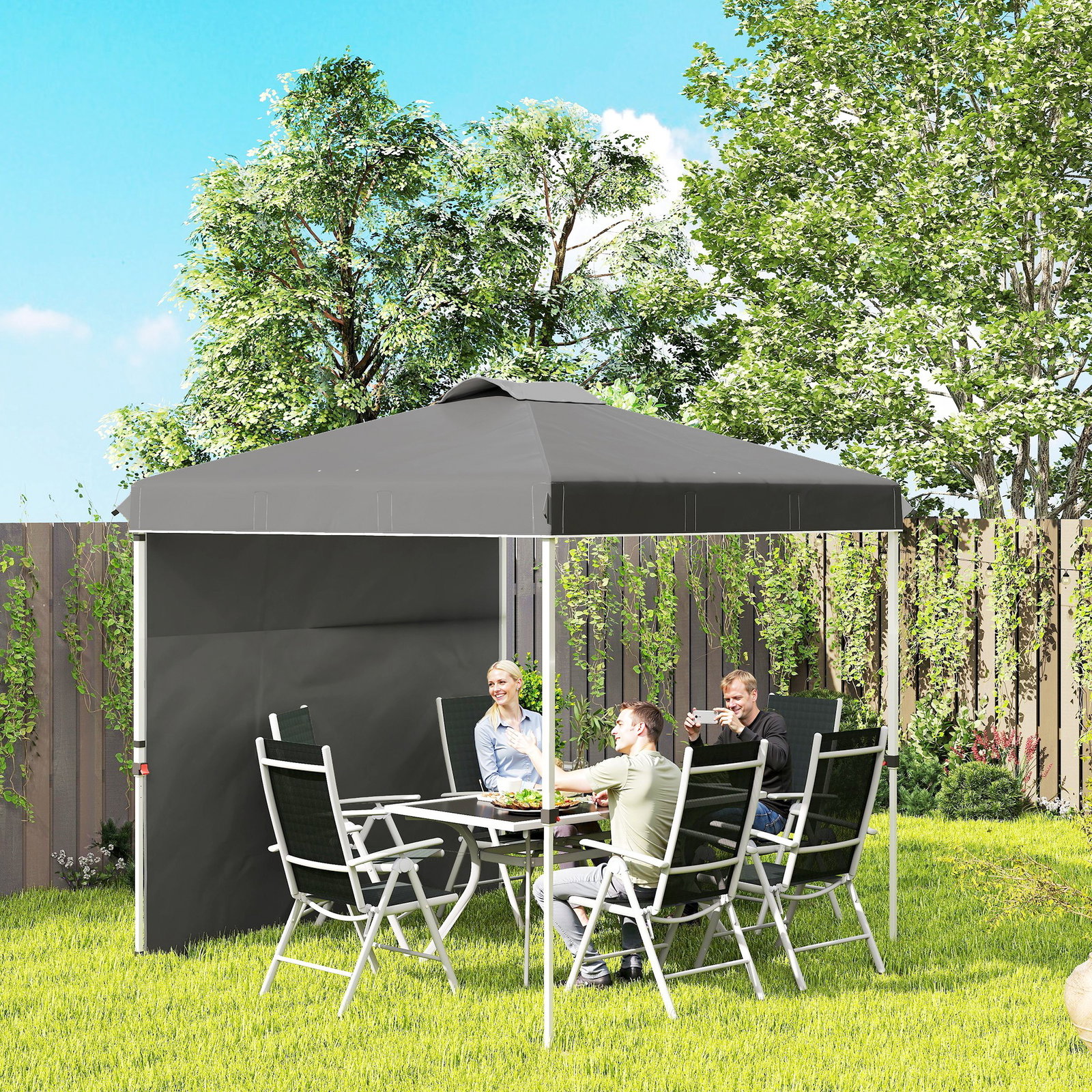 Tenda dobrável 2,5x2,5 m tenda de jardim com 1 parede lateral altura ajustável para campismo festas cinza escuro