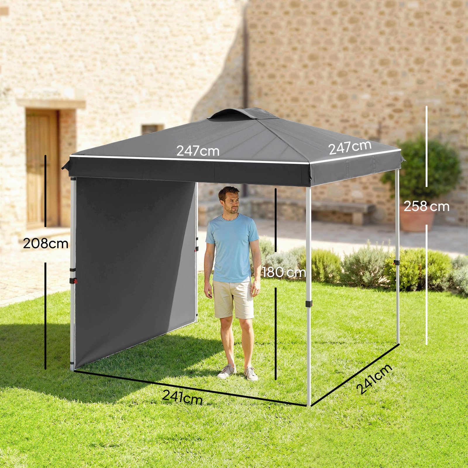 Tenda dobrável 2,5x2,5 m tenda de jardim com 1 parede lateral altura ajustável para campismo festas cinza escuro