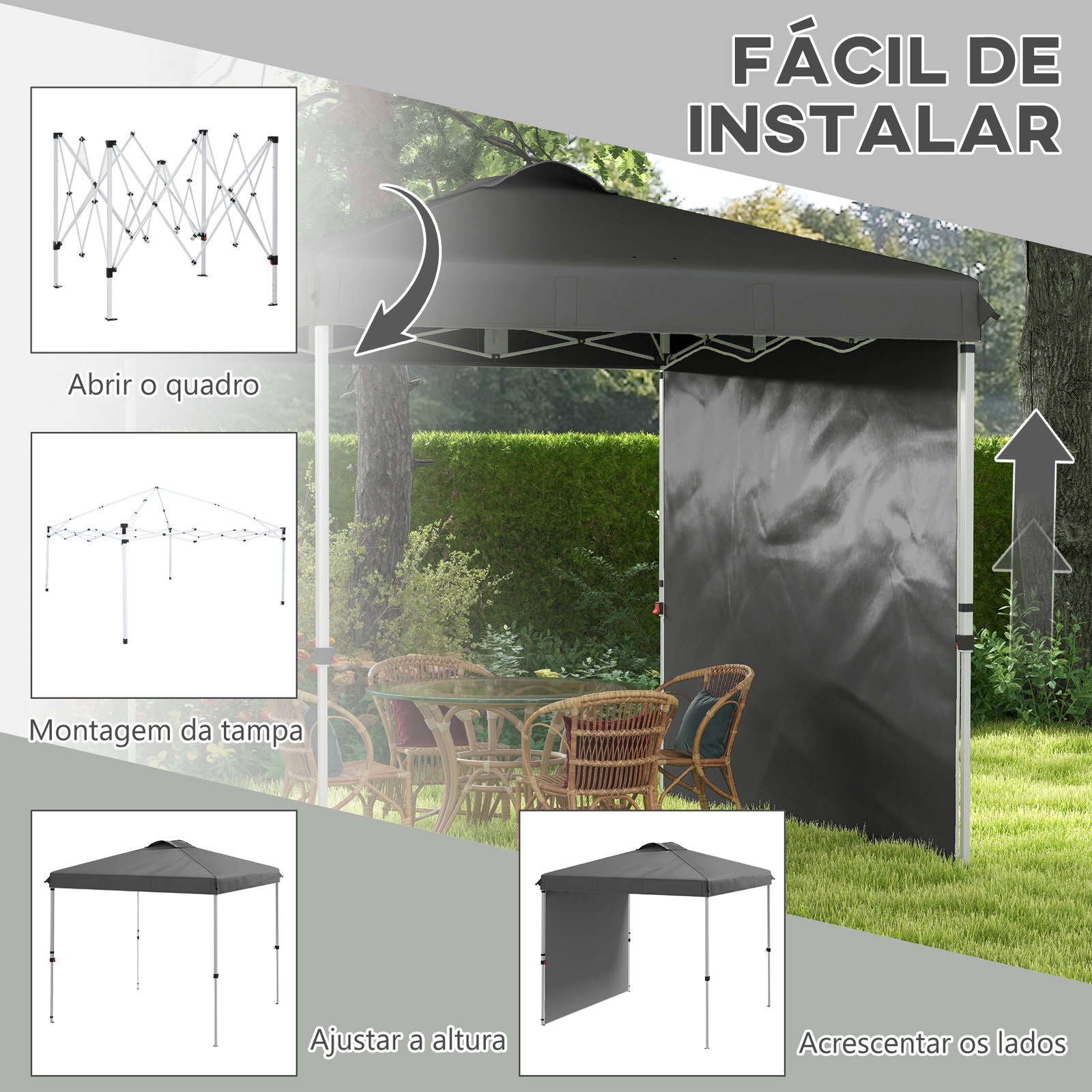 Tenda dobrável 2,5x2,5 m tenda de jardim com 1 parede lateral altura ajustável para campismo festas cinza escuro