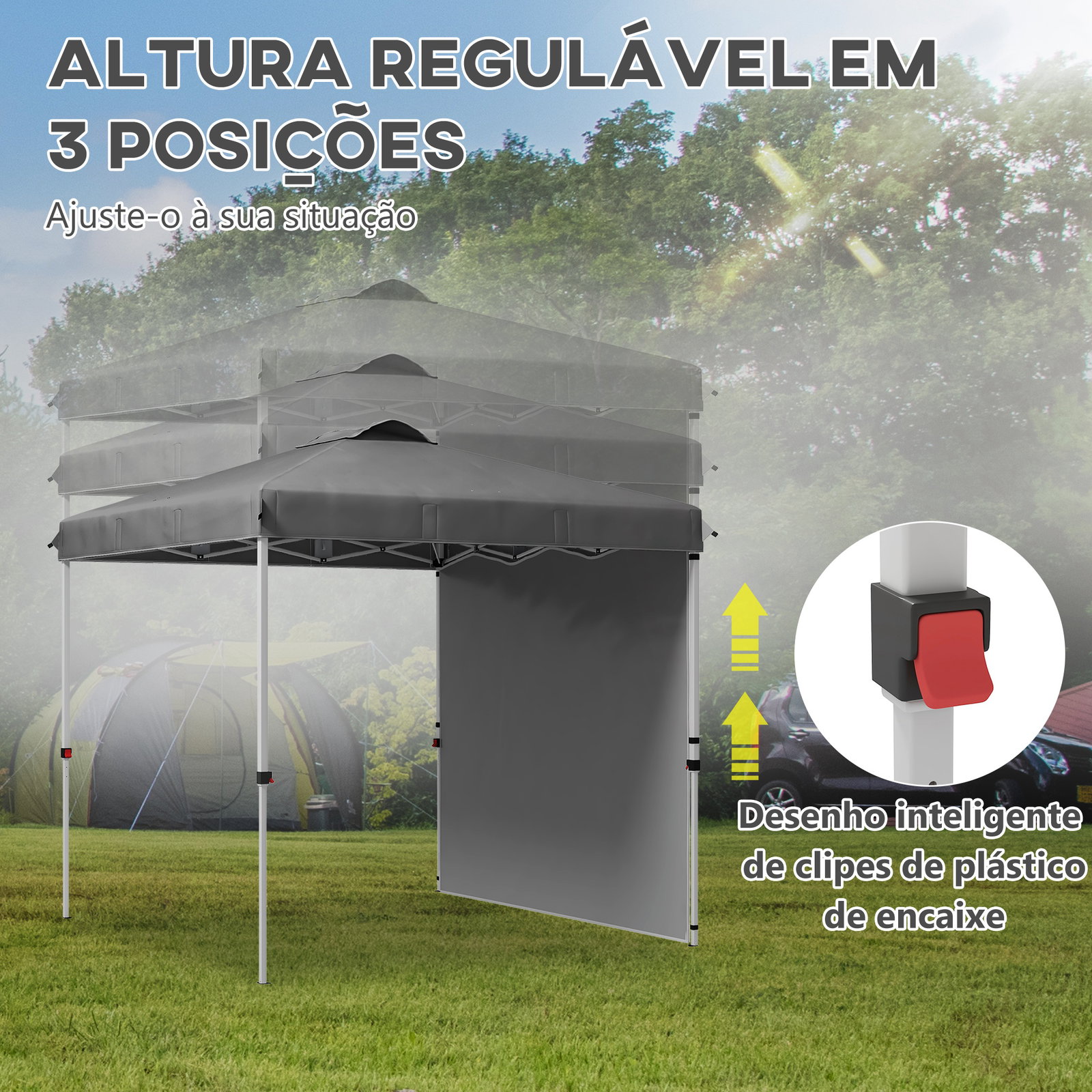 Tenda dobrável 2,5x2,5 m tenda de jardim com 1 parede lateral altura ajustável para campismo festas cinza escuro