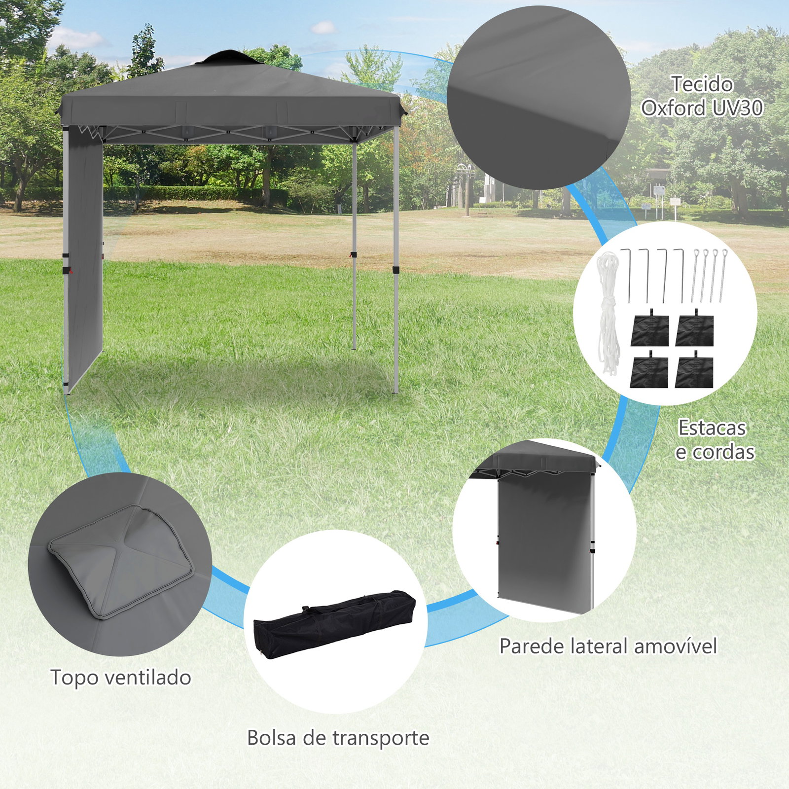 Tenda dobrável 2,5x2,5 m tenda de jardim com 1 parede lateral altura ajustável para campismo festas cinza escuro