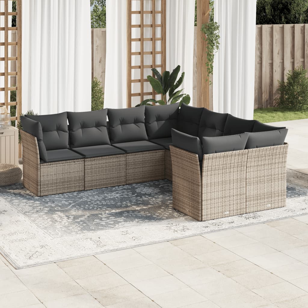 8 Pcs conjunto sofás de jardim c/ almofadões vime PE cinzento