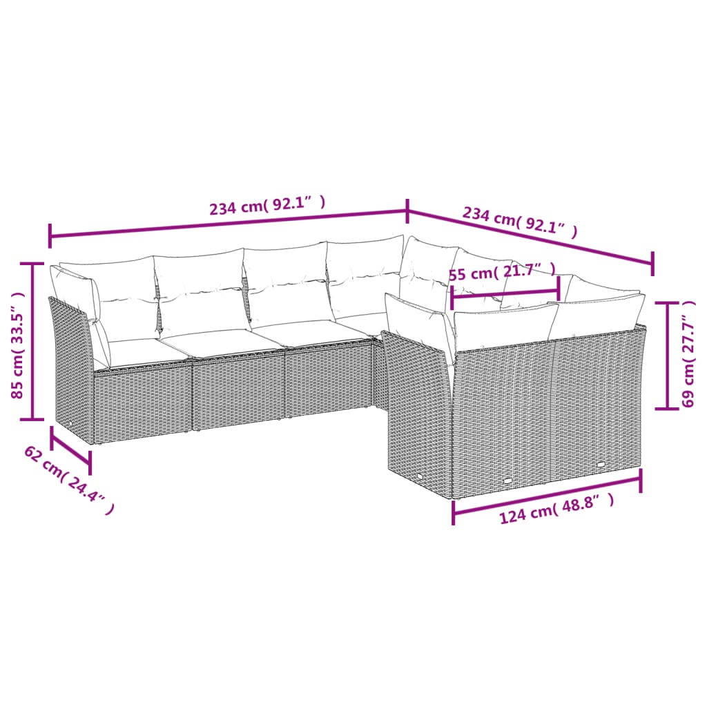 8 Pcs conjunto sofás de jardim c/ almofadões vime PE cinzento