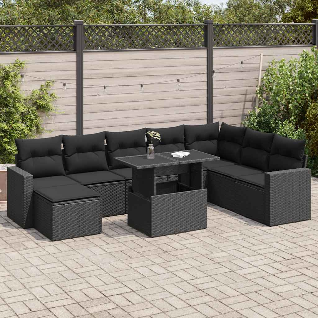 9 Pcs conjunto de sofás p/ jardim c/ almofadões vime PE preto