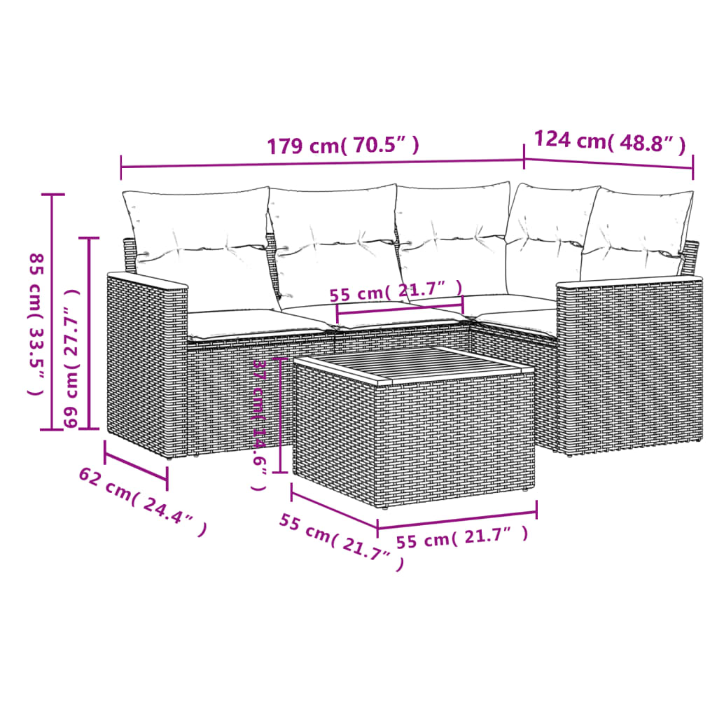 5 Pcs conjunto sofás de jardim c/ almofadões vime PE cinzento