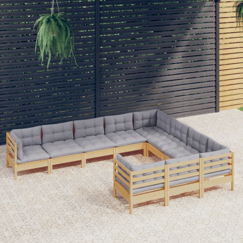 10 Pcs conjunto lounge de jardim c/ almofadões cinza pinho