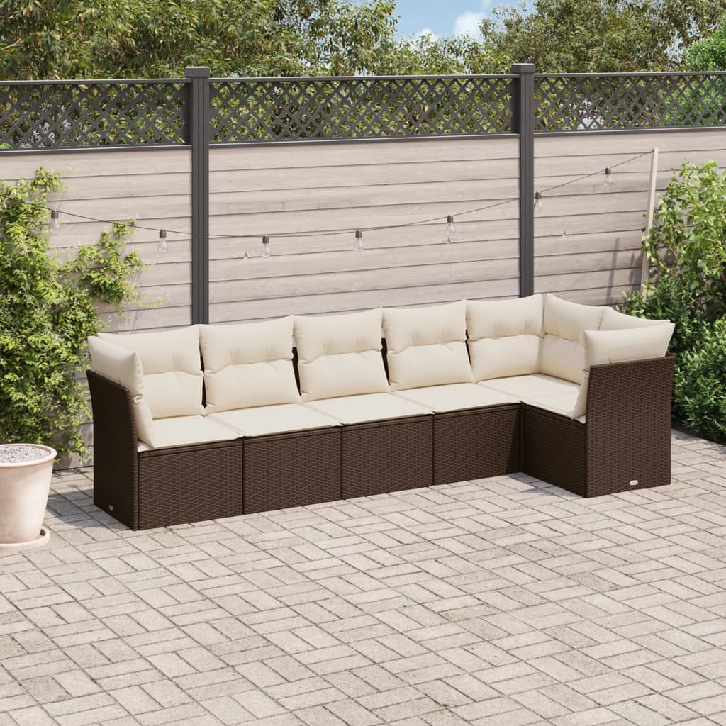 6 Pcs conjunto de sofás jardim c/ almofadões vime PE castanho