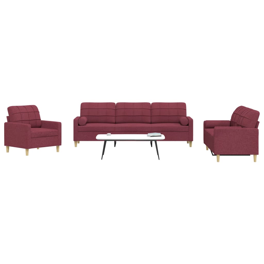 3 Pcs conjunto de sofás com almofadas tecido vermelho-tinto