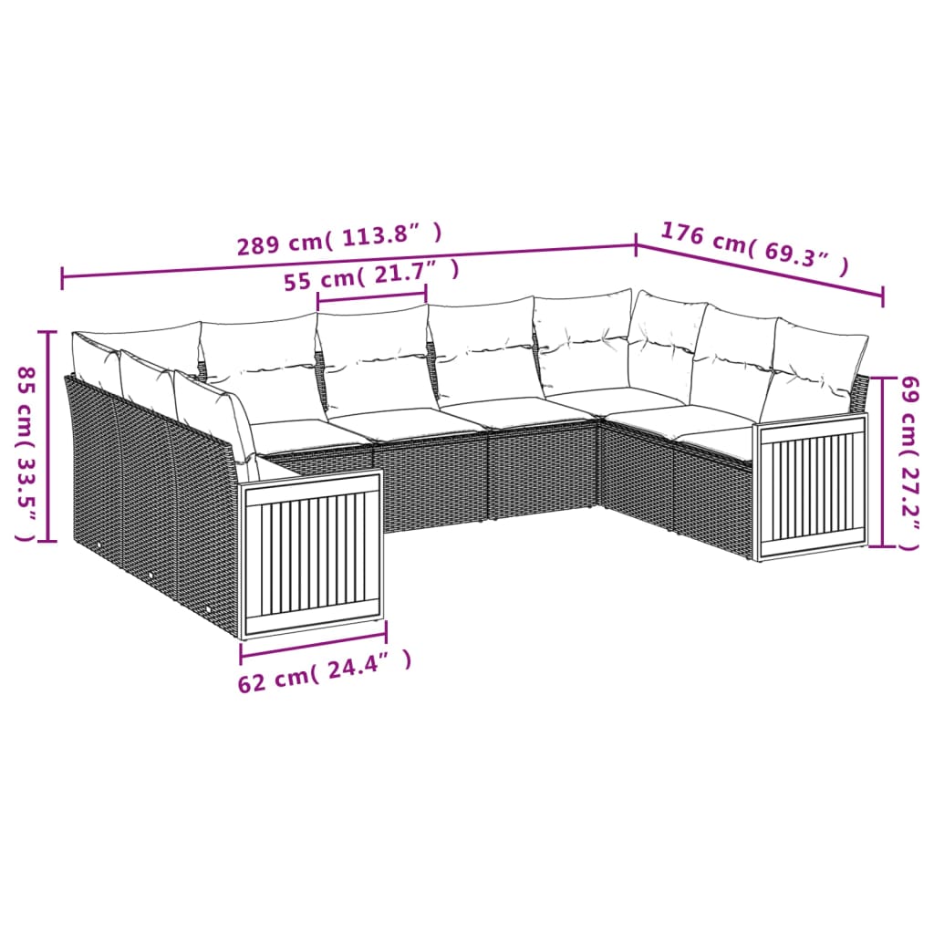9 Pcs conjunto de sofás p/ jardim c/ almofadões vime PE preto
