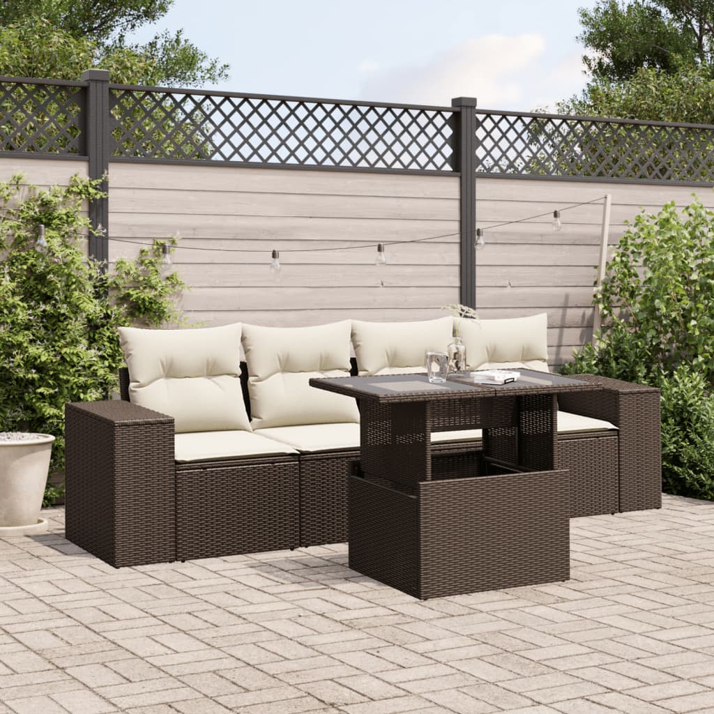 5 Pcs conjunto sofás p/ jardim c/ almofadões vime PE castanho